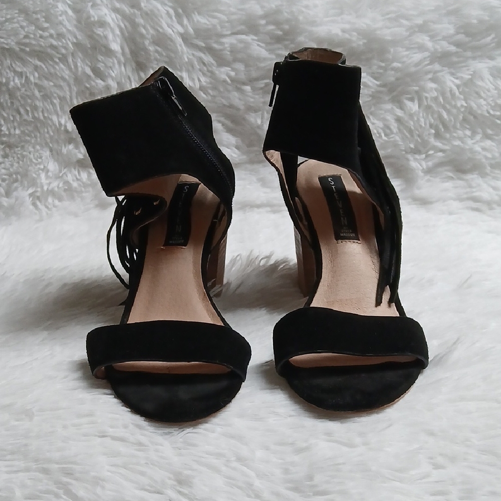 STEVEN By Steve Madden Luisa Black Ankle Strap Open Toe Fringe Heeled Sandals 8B